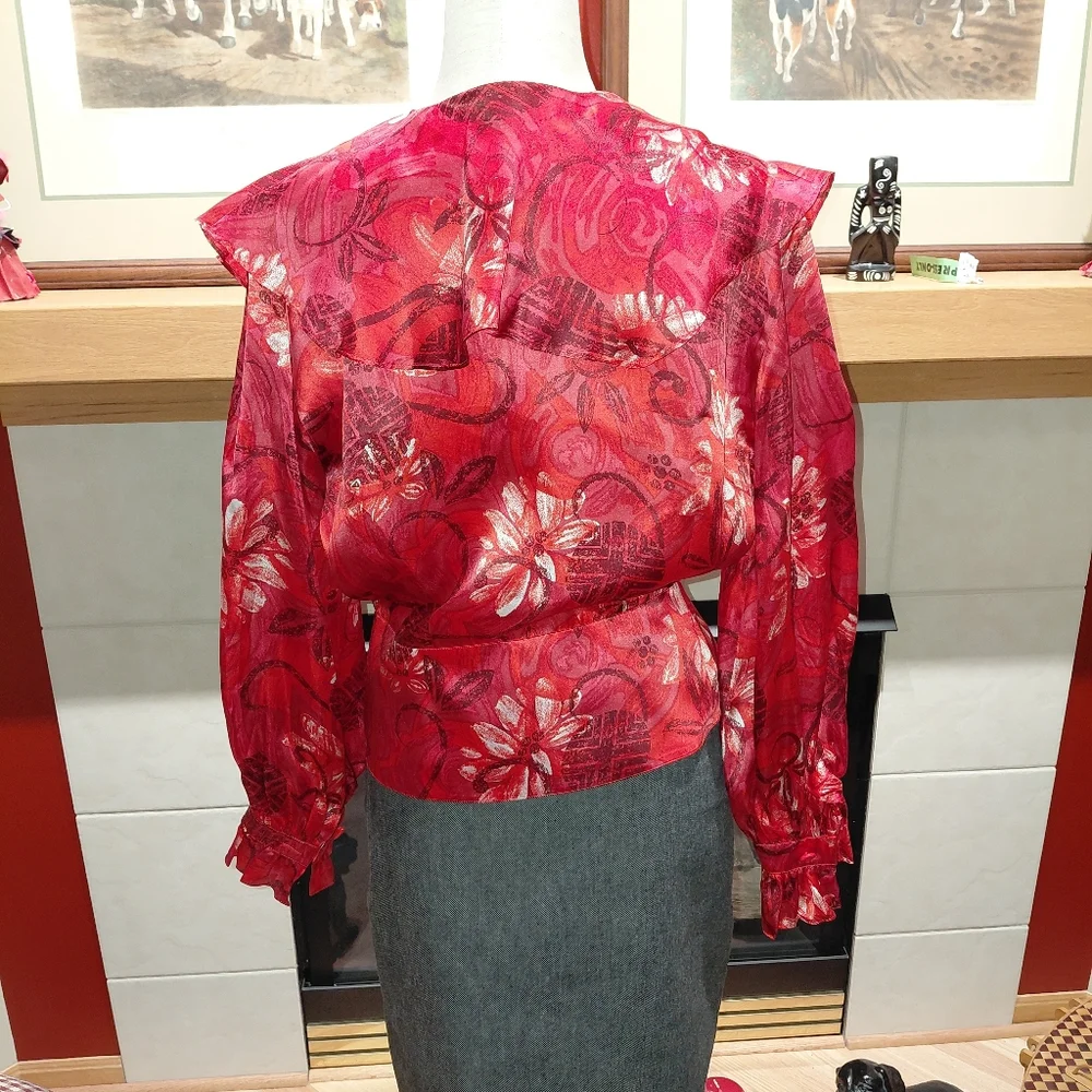 Christian Dior Long Sleeve Red Multi Silk  blouse M - Picture 5 of 9